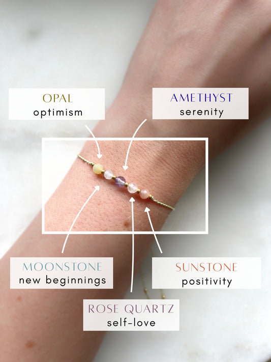 A female hand modeling a green silk cord bracelet strung with five mineral beads: purple amethyst, white moonstone, yellow opal, orange sunstone, rose quartz. Each mineral is separated from another with a little gold bead, making the design more elegant. Model is also wearing a dainty gold bracelet together with the mineral bracelet, showing how the two can be elegantly layered together.