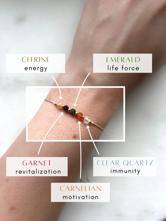 A female hand modeling a green silk cord bracelet strung with five mineral beads: yellow citrine, red garnet, red carnelian, clear quartz, green emerald. Each mineral is separated from another with a little gold bead, making the design more elegant. Model is also wearing a dainty gold bracelet together with the mineral bracelet, showing how the two can be elegantly layered together.