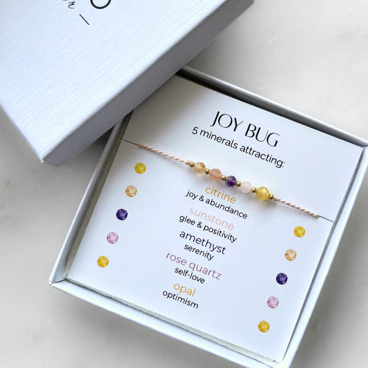 A white gift box that contains a bracelet made of pink silk string with five mineral beads, put on a promotional card. The bracelet's theme is Happiness, the name of the bracelet is Joy Bug which is written in the promotional card. The card also explains each stone and what each stone represents: Citrine for Joy & Abundance, Sunstone for Glee & Positivity, Amethyst for Serenity, Rose Quartz for Self-love, Opal for Optimism