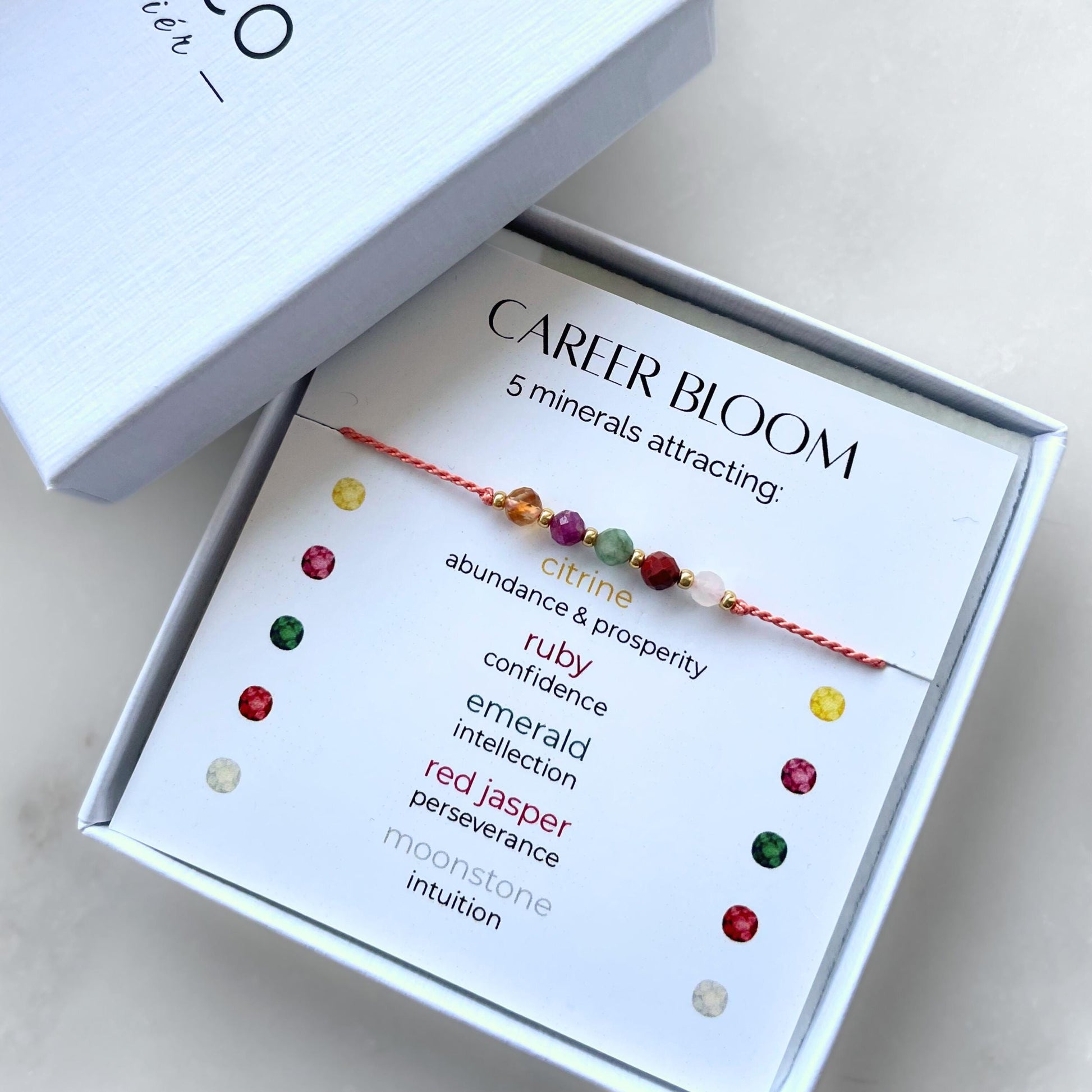 A white gift box that contains a bracelet made of pink silk string with five mineral beads, put on a promotional card. The bracelet's theme is Career Success, the name of the bracelet is Career Bloom which is written in the promotional card. The card also explains each stone and what each stone represents: Citrine for Abundance & Prosperity, Ruby for Confidence, Emerald for Intellection, Red Jasper for Perseverance, Moonstone for Intuition