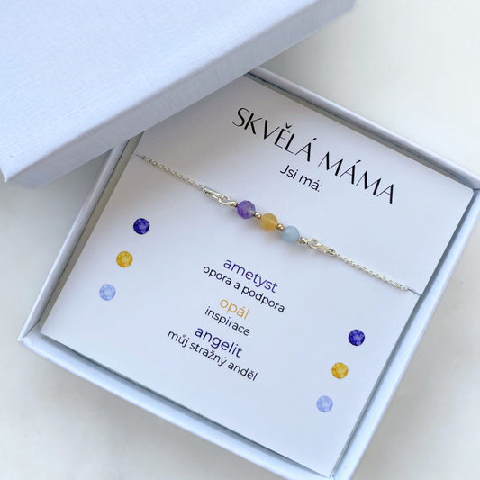 Stříbrný Náramek pro Mámu | Dárek pro Maminku | Ametyst, Opál